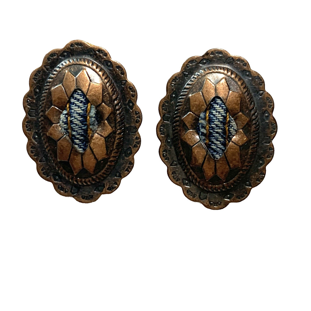Vintage Copper Southwest Concho Pierced Earrings Denim Accents Western USA